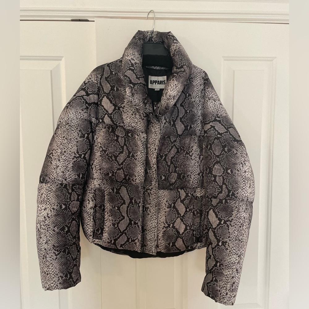 Apparis puffer coat in python print, size small